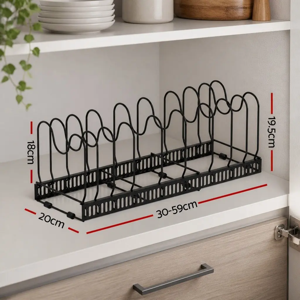Expandable Pots and Pans Organizer Rack Kitchen Cabinet Cookware Holder Storage