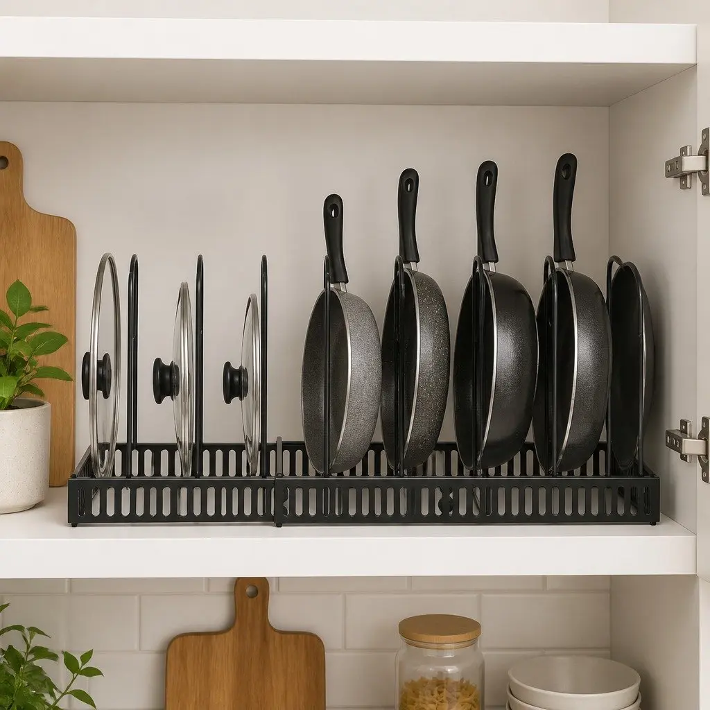 Expandable Pots and Pans Organizer Rack Kitchen Cabinet Cookware Holder Storage