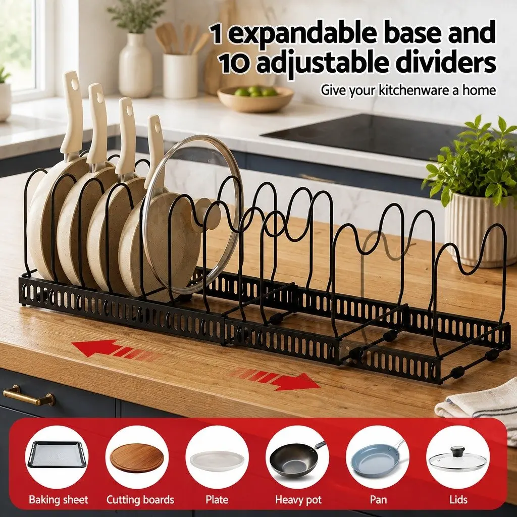 Expandable Pots and Pans Organizer Rack Kitchen Cabinet Cookware Holder Storage