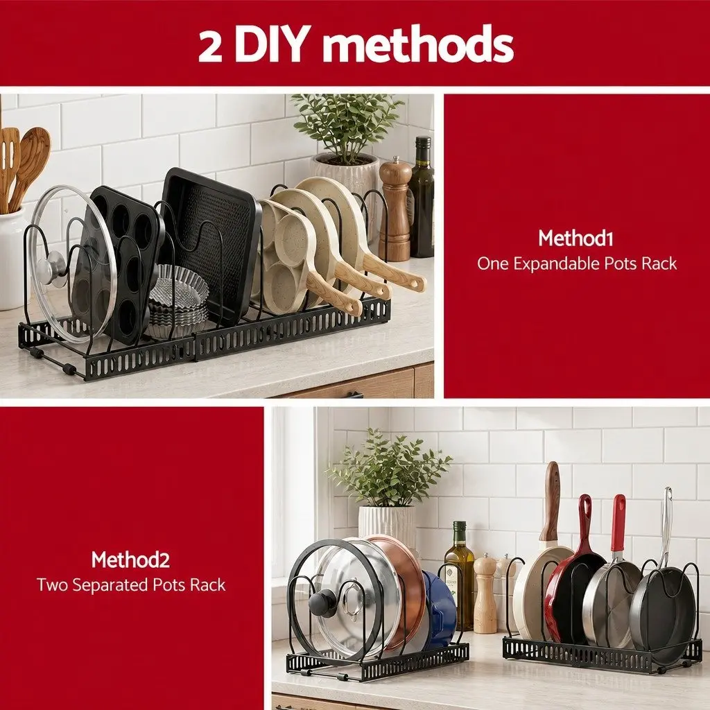 Expandable Pots and Pans Organizer Rack Kitchen Cabinet Cookware Holder Storage