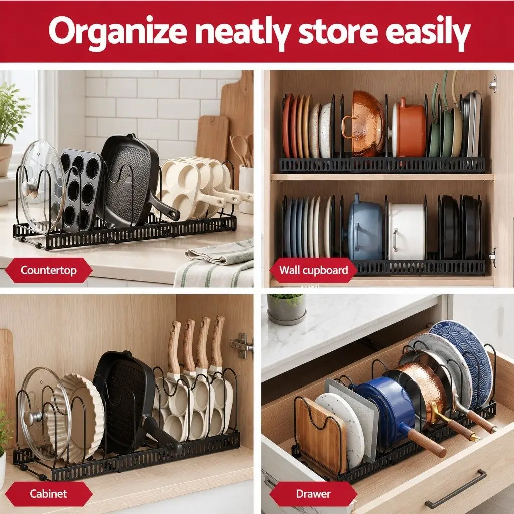 Expandable Pots and Pans Organizer Rack Kitchen Cabinet Cookware Holder Storage