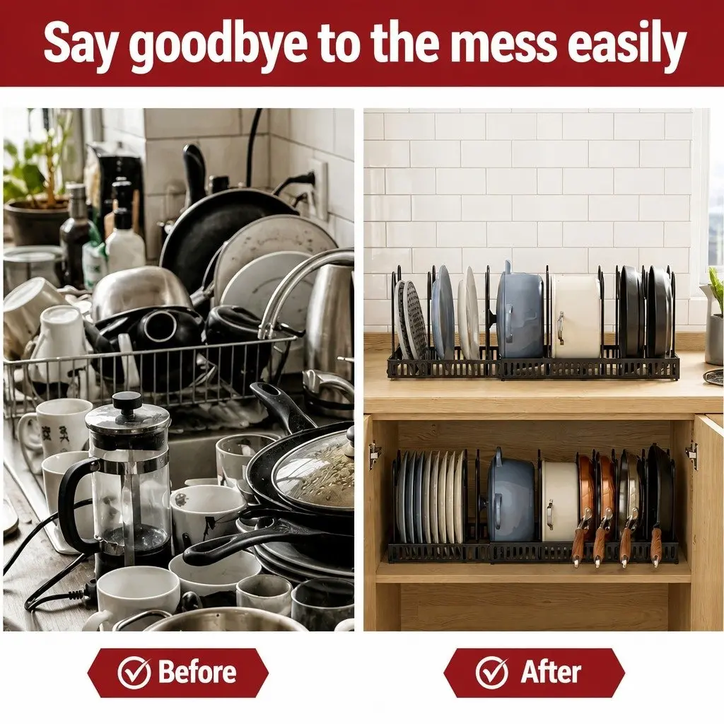 Expandable Pots and Pans Organizer Rack Kitchen Cabinet Cookware Holder Storage