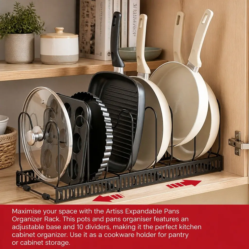 Expandable Pots and Pans Organizer Rack Kitchen Cabinet Cookware Holder Storage