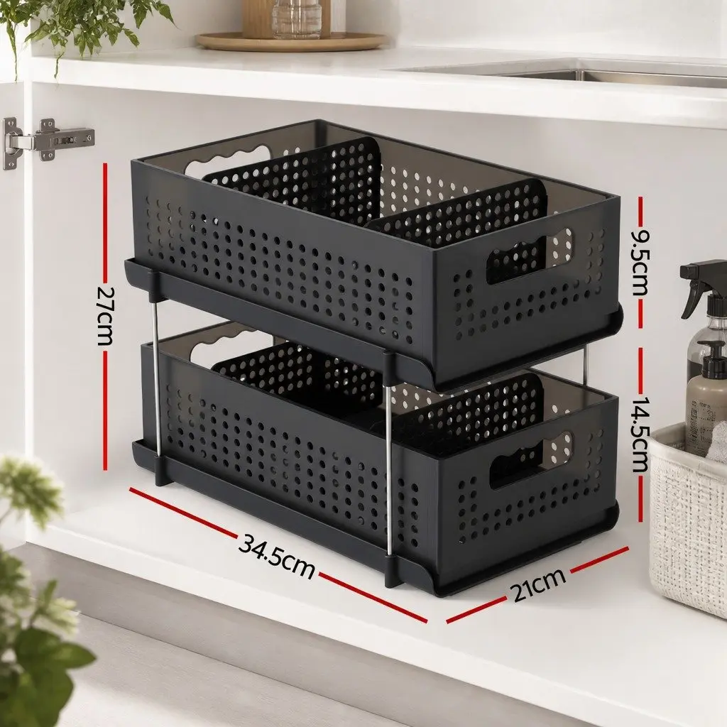 Under Sink Organizer Black 2 Tier Pull Out Drawer Removable Baskets Divider