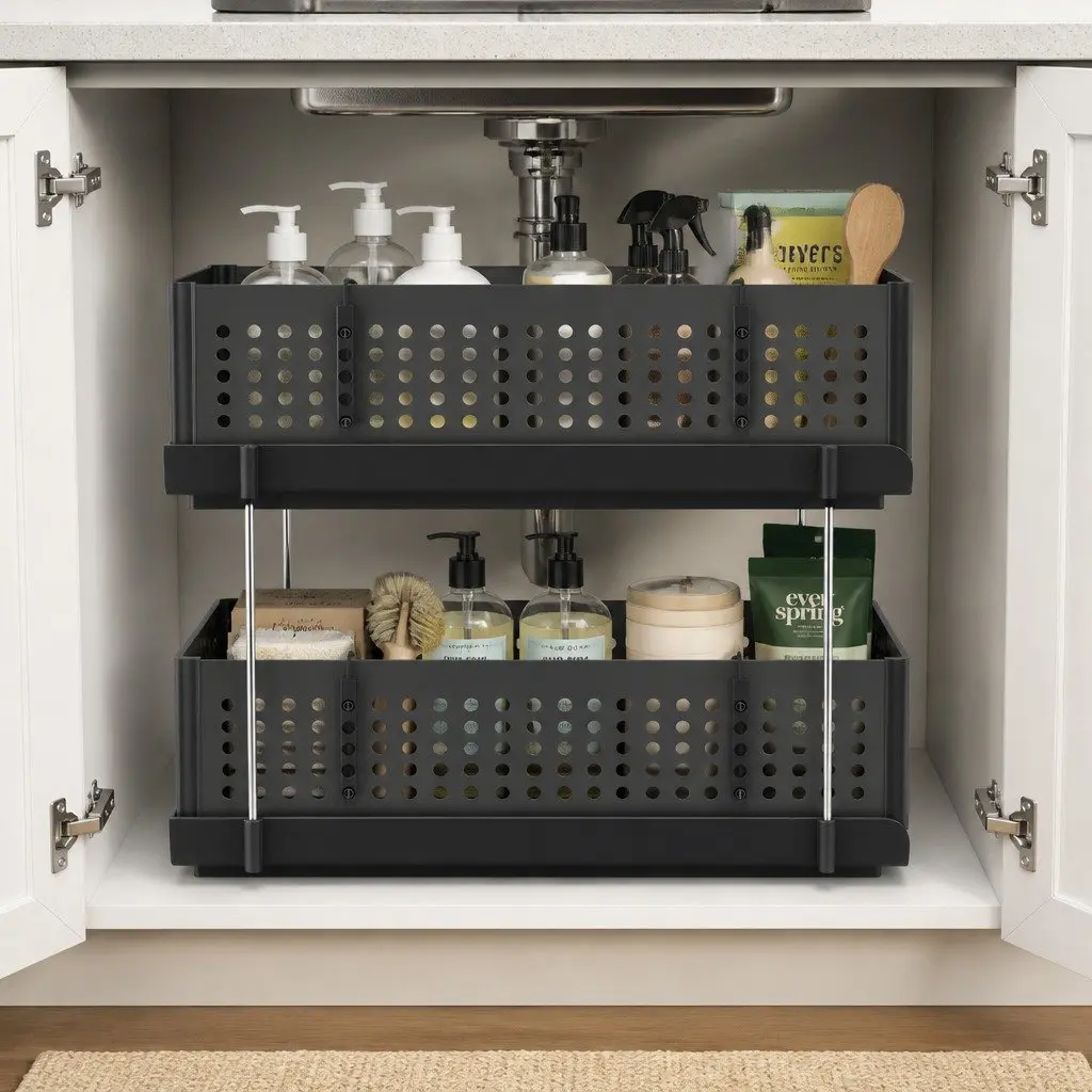 Under Sink Organizer Black 2 Tier Pull Out Drawer Removable Baskets Divider