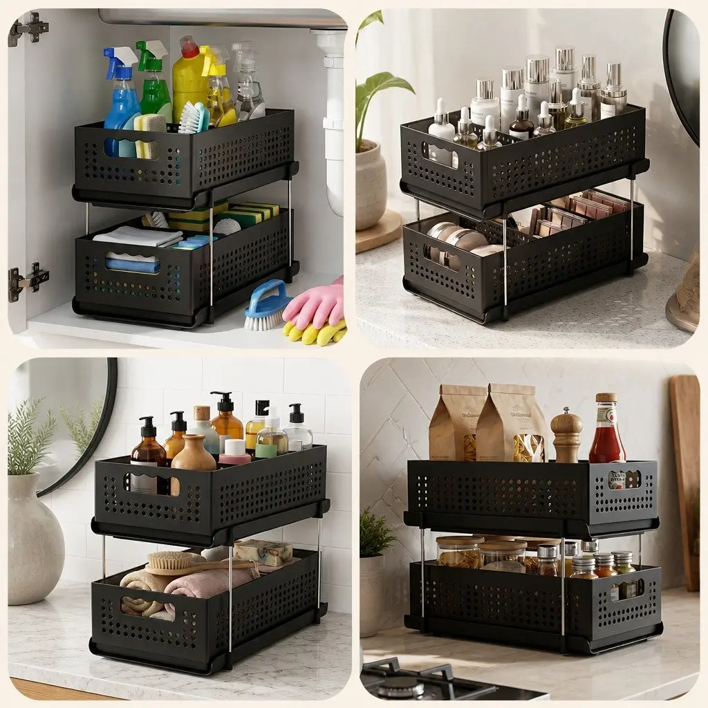 Under Sink Organizer Black 2 Tier Pull Out Drawer Removable Baskets Divider