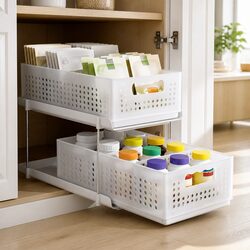Under Sink Organizer 2 Tier Pull Out Drawer Removable Baskets Divider White