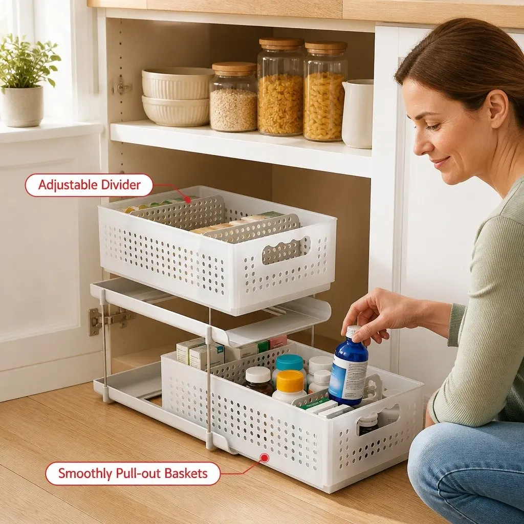 Under Sink Organizer White 2 Tier Pull Out Drawer Removable Baskets Divider