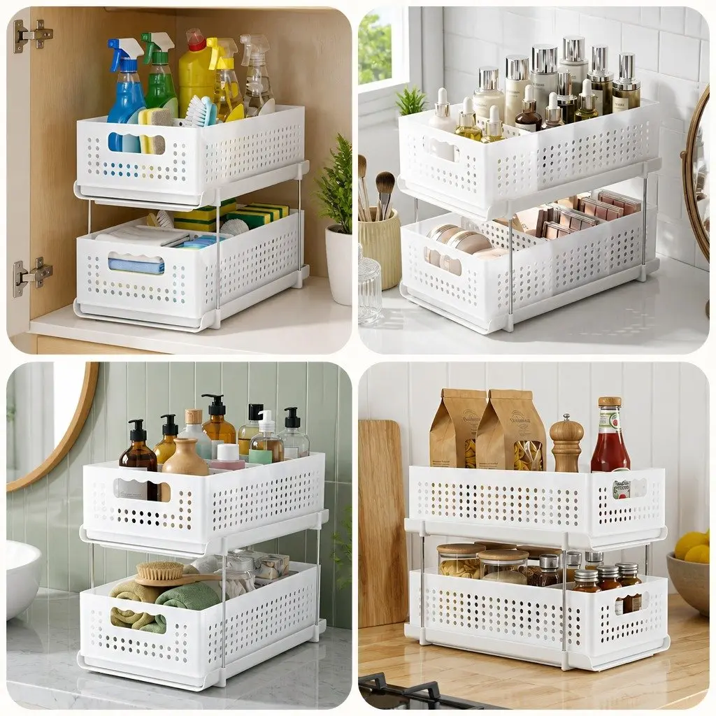 Under Sink Organizer White 2 Tier Pull Out Drawer Removable Baskets Divider