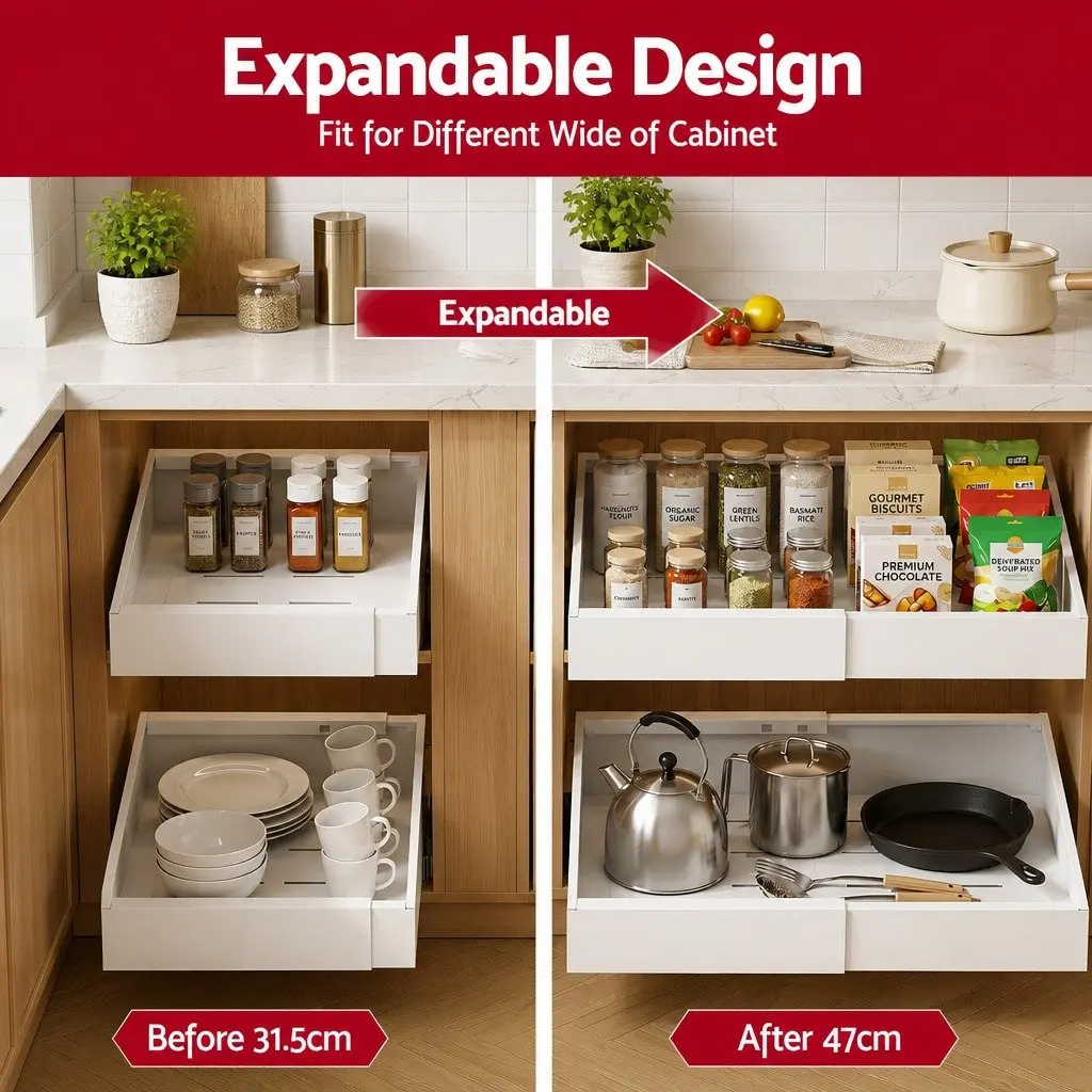 Pull Out Cabinet Drawers White 2 Pack Expandable Organizer Modern Storage