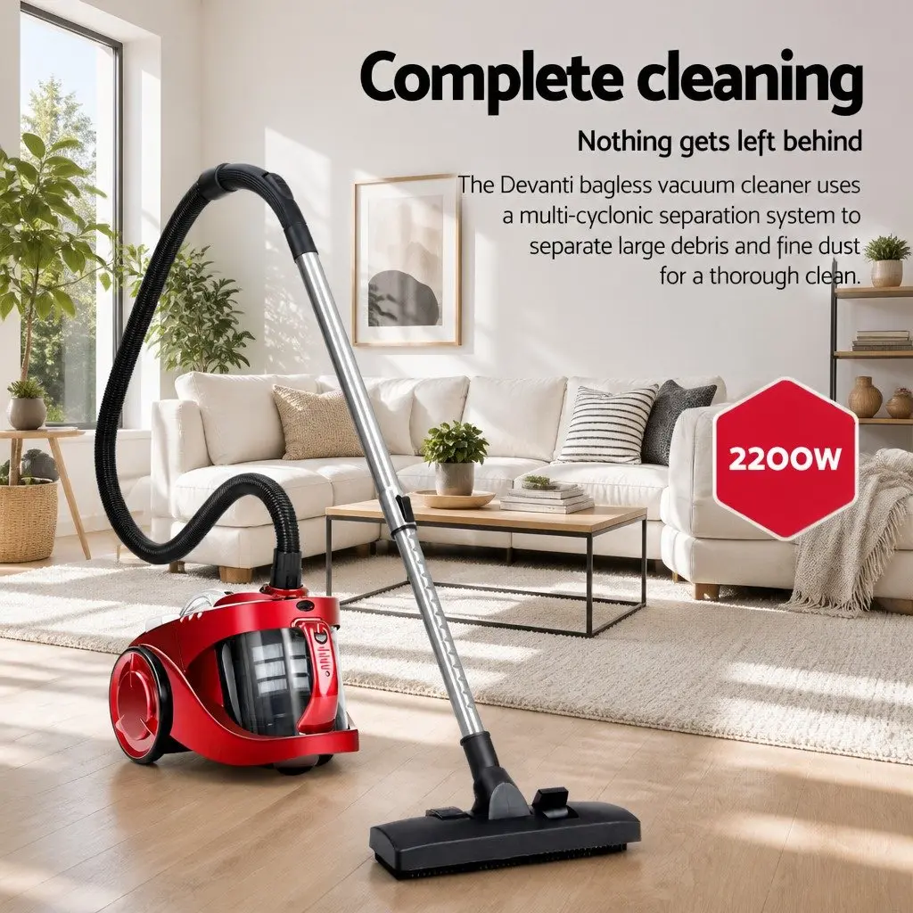 Bagless Stick Vacuum Cleaner Red 2200W HEPA Filter Multi-Cyclonic System