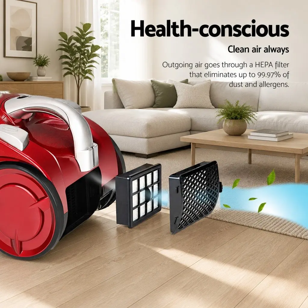 Bagless Stick Vacuum Cleaner Red 2200W HEPA Filter Multi-Cyclonic System
