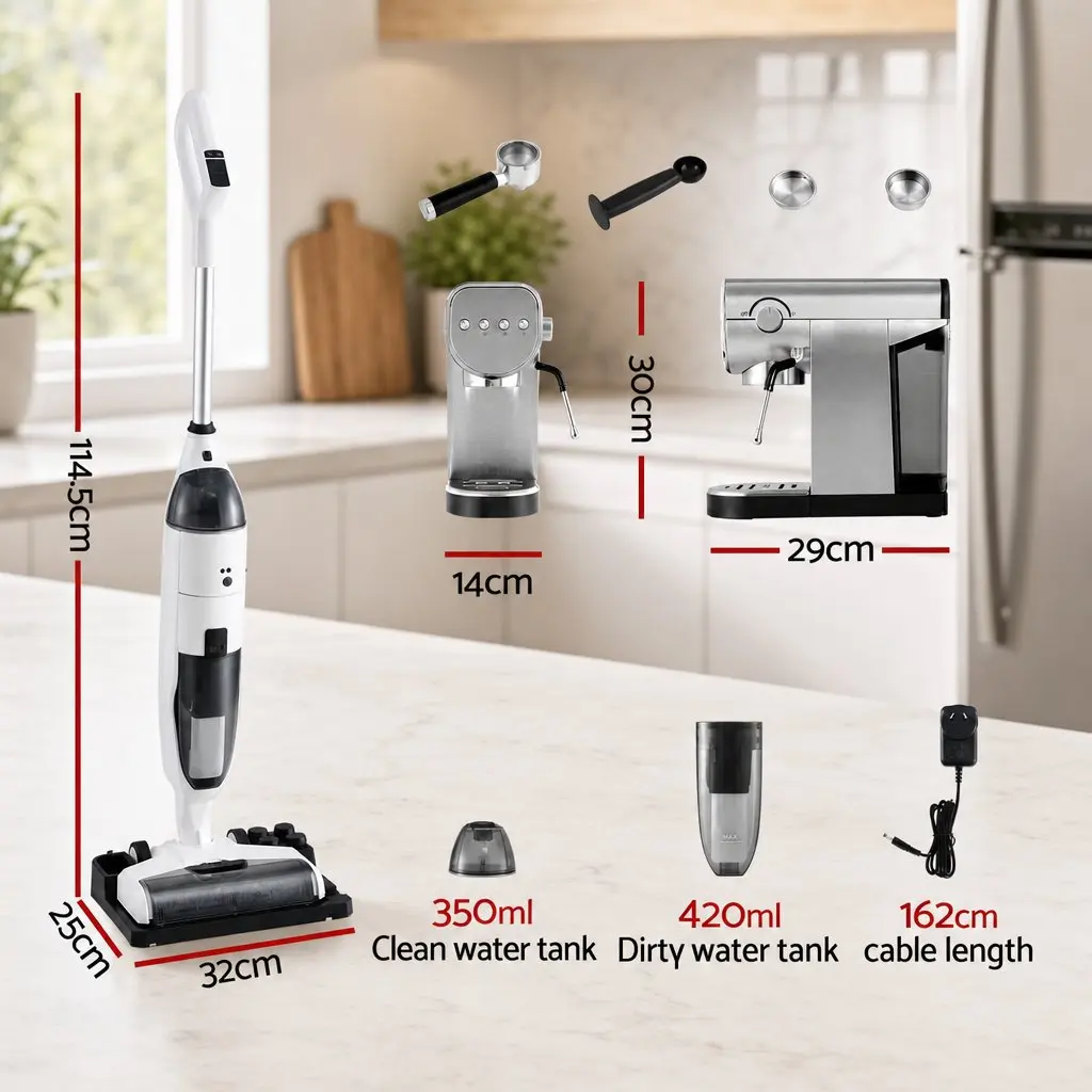 Cordless Wet Dry Vacuum Mop White 20 Bar Espresso Coffee Machine Combo with Instant Heating System and Automatic Self-Cleaning Dock