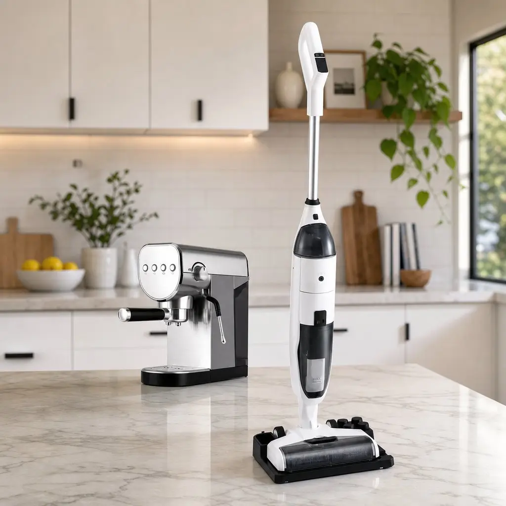 Cordless Wet Dry Vacuum Mop White 20 Bar Espresso Coffee Machine Combo with Instant Heating System and Automatic Self-Cleaning Dock