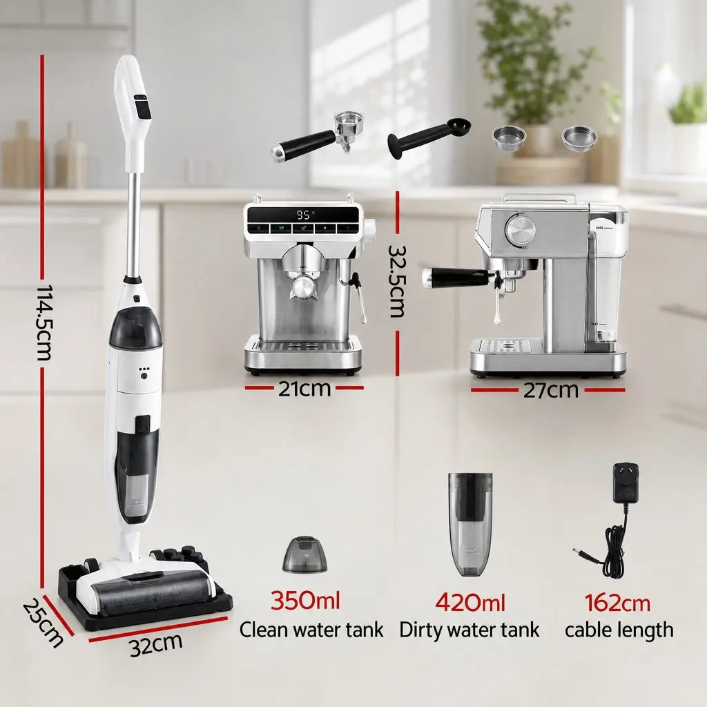 Cordless Wet Dry Vacuum Mop and Espresso Coffee Machine Combo White Silver 2 Piece Automatic Self Cleaning