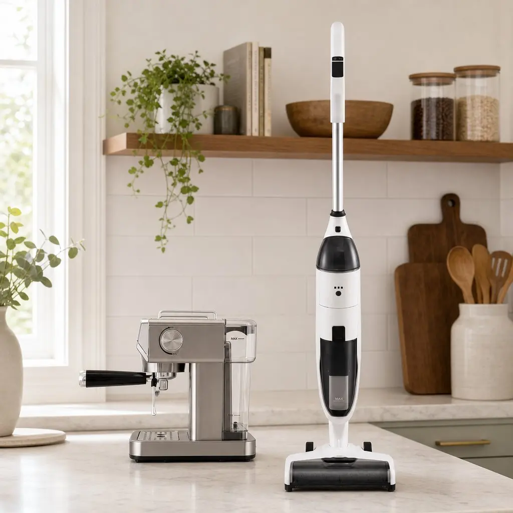 Cordless Wet Dry Vacuum Mop and Espresso Coffee Machine Combo White Silver 2 Piece Automatic Self Cleaning