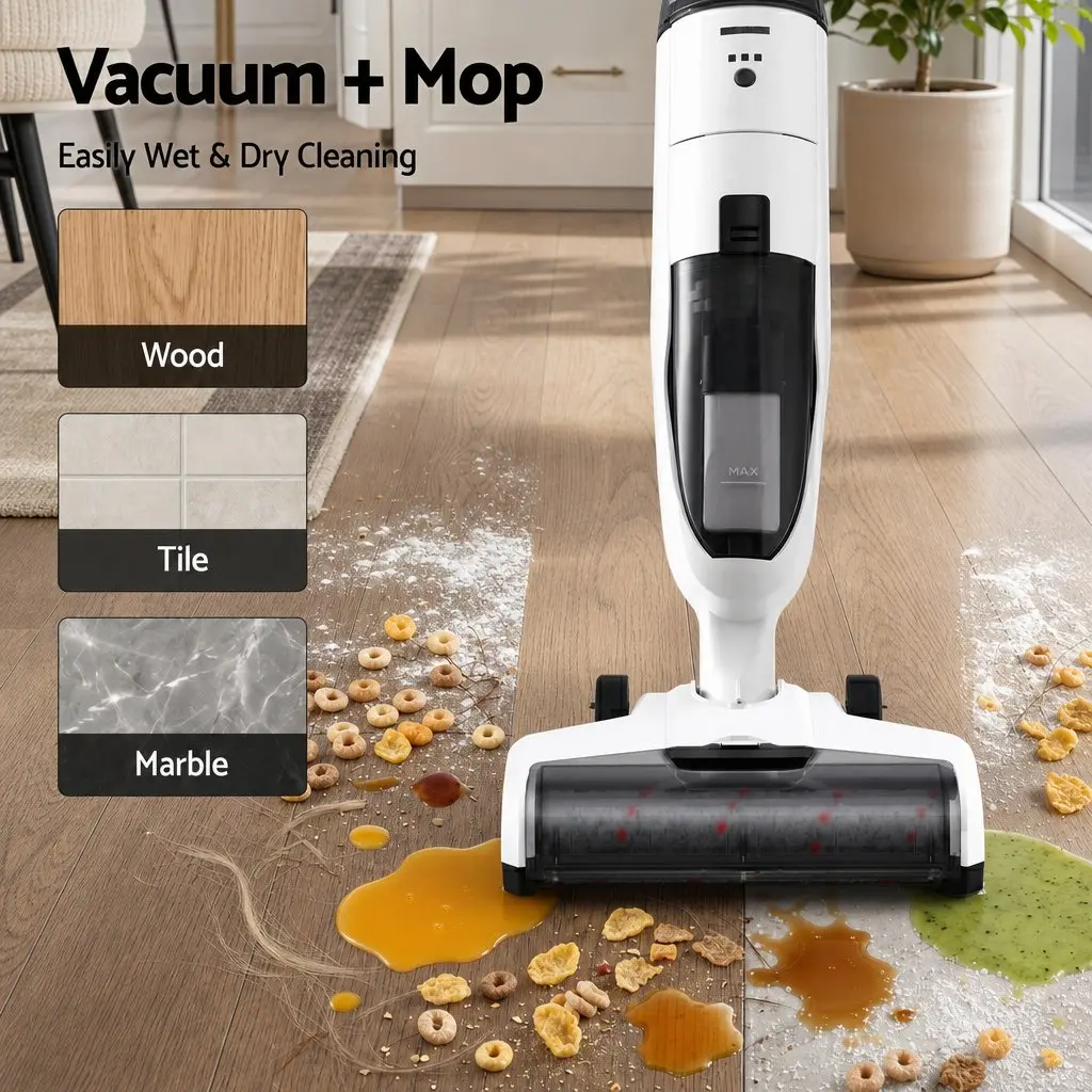 Cordless Wet Dry Vacuum Mop and Espresso Coffee Machine Combo White Silver 2 Piece Automatic Self Cleaning