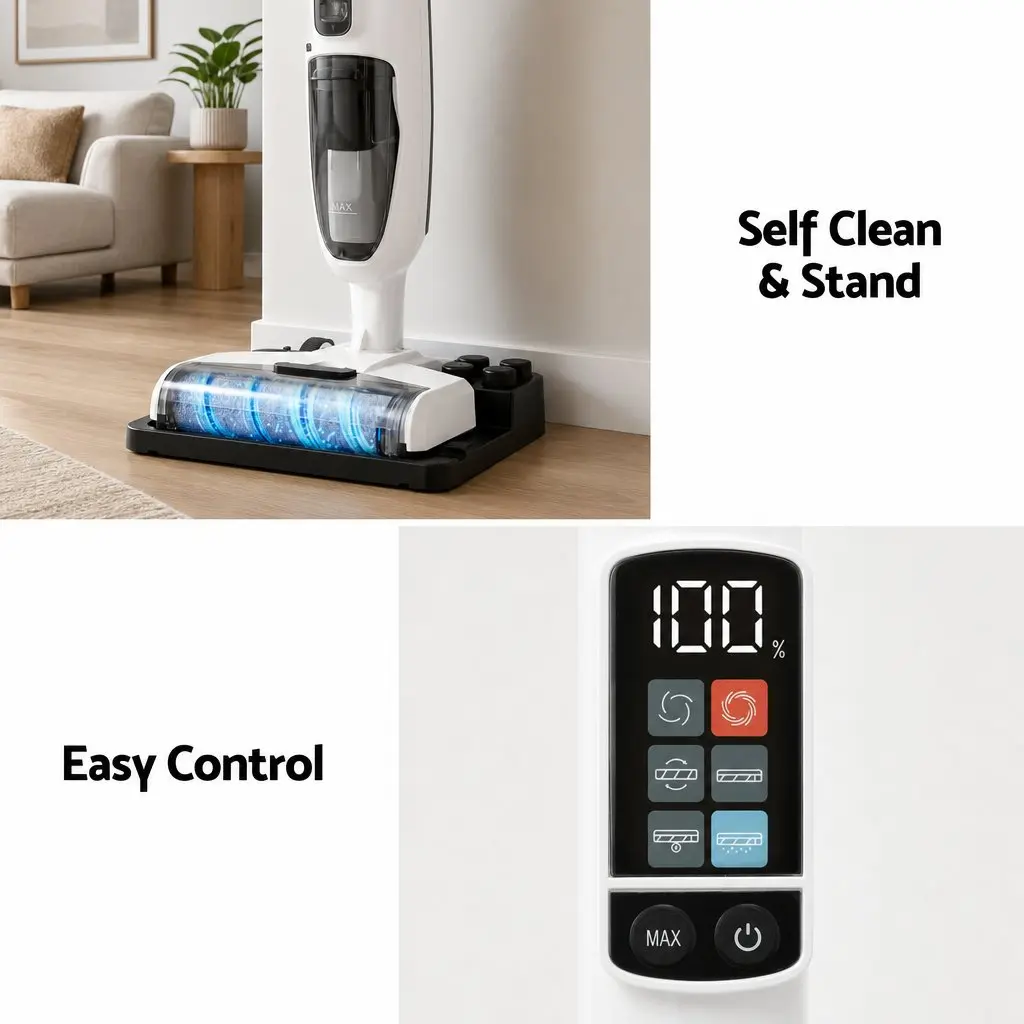 Cordless Wet Dry Vacuum Mop and Espresso Coffee Machine Combo White Silver 2 Piece Automatic Self Cleaning