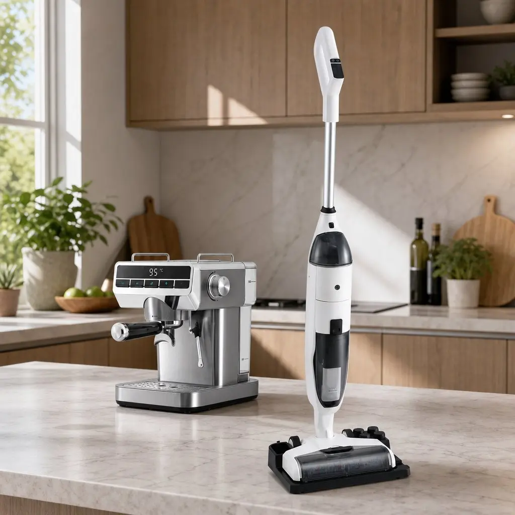 Cordless Wet Dry Vacuum Mop and Espresso Coffee Machine Combo White Silver 2 Piece Automatic Self Cleaning