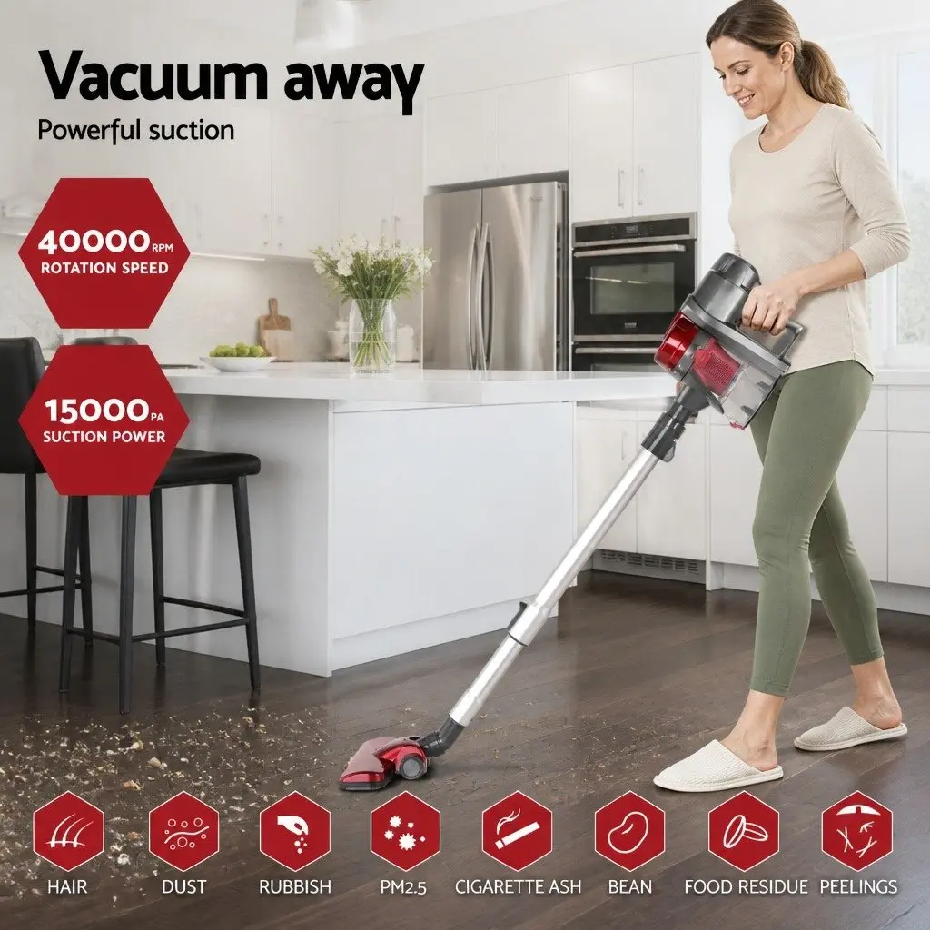 Stick Vacuum Cleaner Red and Silver Lightweight 450W Corded Handheld Convertible with Pivoting Head