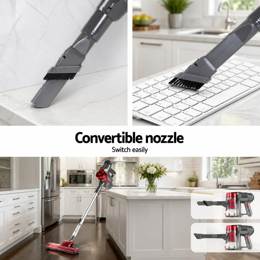 Stick Vacuum Cleaner Red and Silver Lightweight 450W Corded Handheld Convertible with Pivoting Head