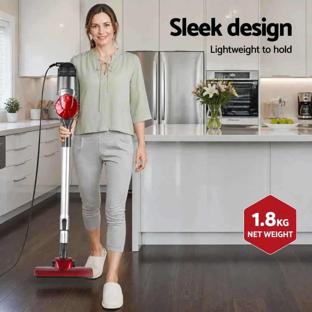 Stick Vacuum Cleaner Red and Silver Lightweight 450W Corded Handheld Convertible with Pivoting Head