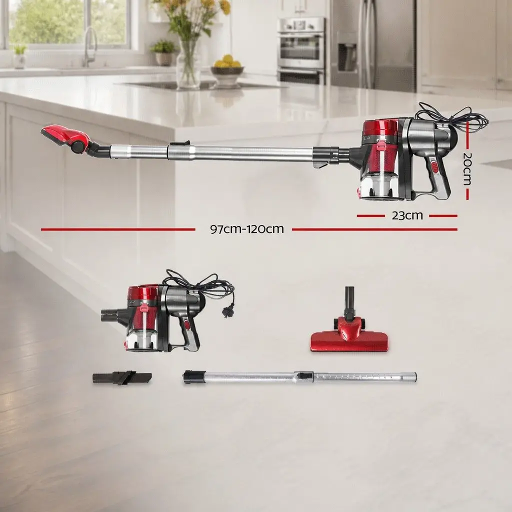Stick Vacuum Cleaner Red and Silver Lightweight 450W Corded Handheld Convertible with Pivoting Head