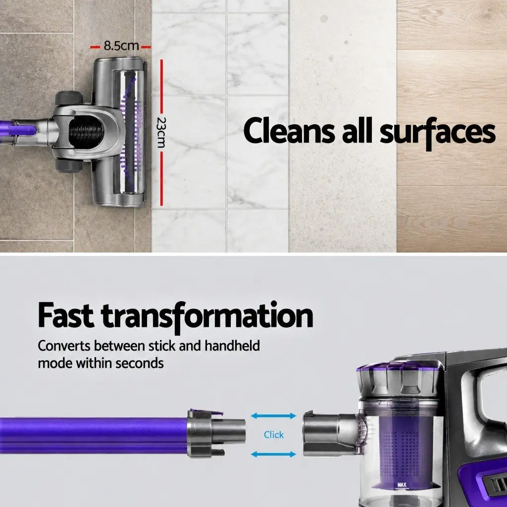 Cordless Stick Vacuum Cleaner Purple Lightweight 2-in-1 Bagless 150W