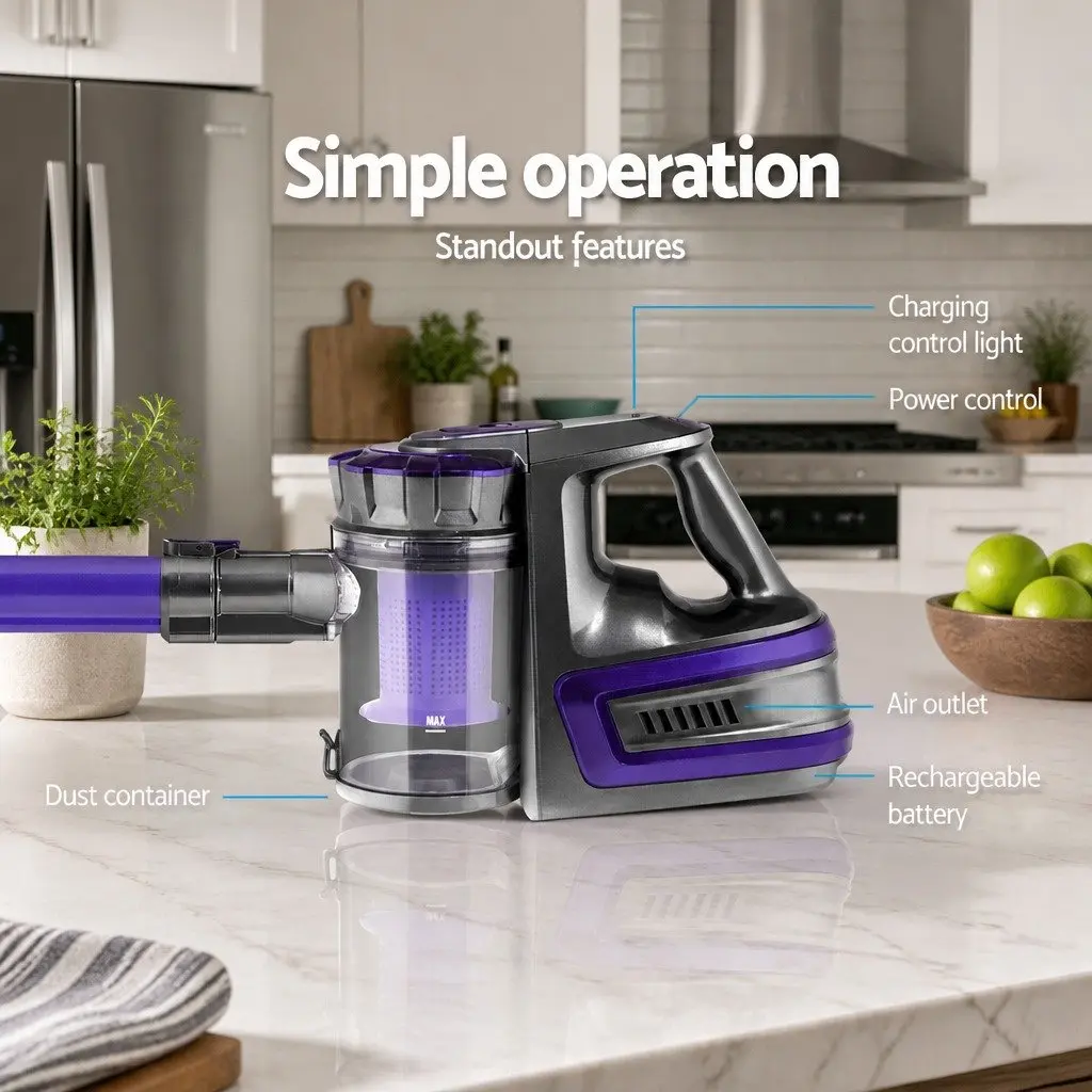 Cordless Stick Vacuum Cleaner Purple Lightweight 2-in-1 Bagless 150W