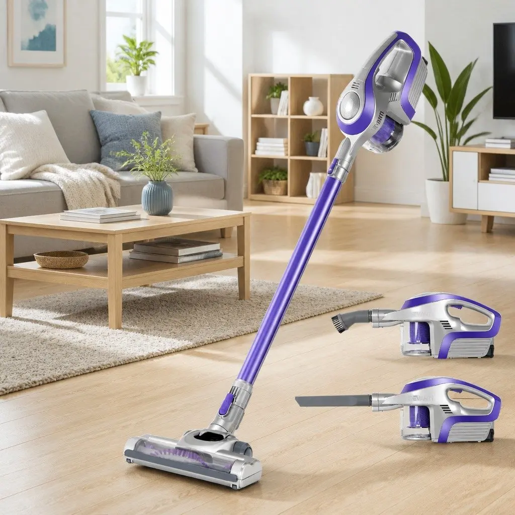 Stick Vacuum Cleaner Bagless Cordless Lightweight Purple Grey 150W 8000Pa Suction 160° Swivelling Head HEPA Filter