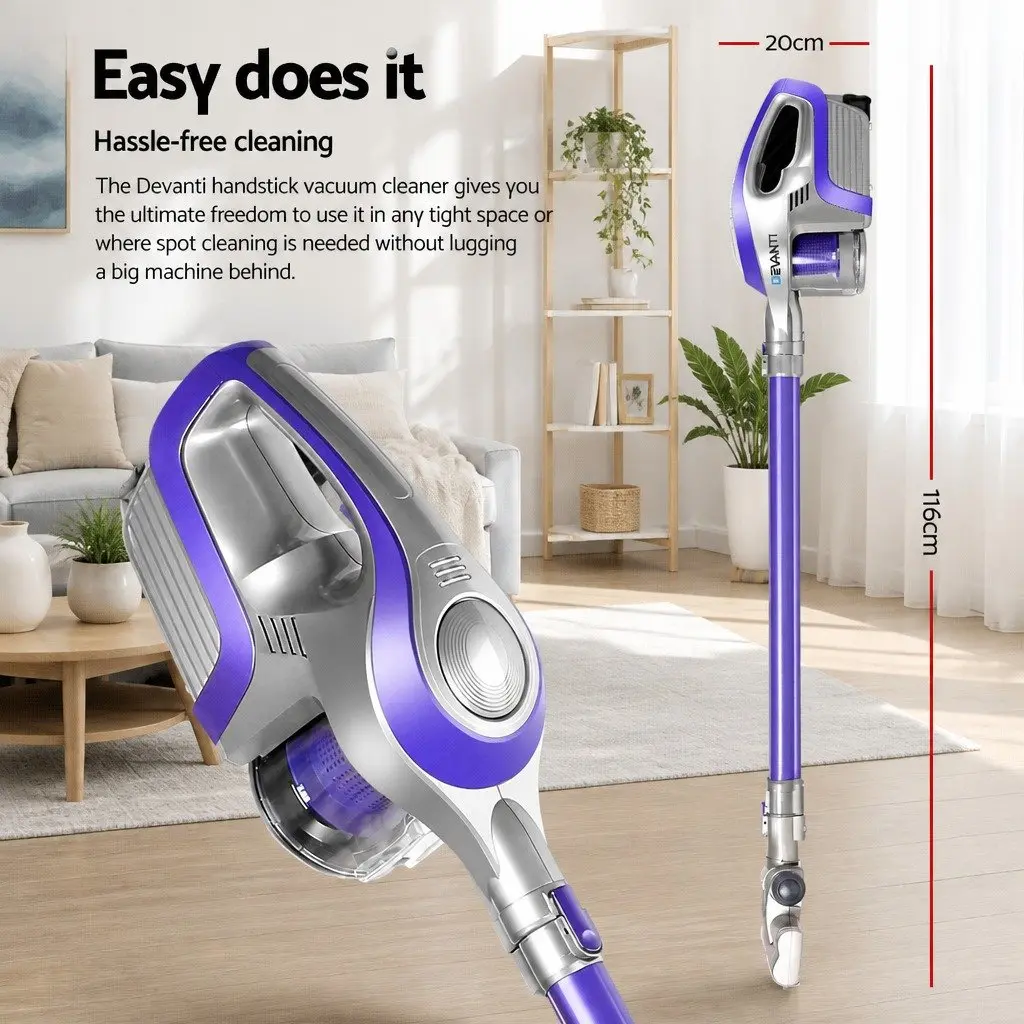 Stick Vacuum Cleaner Bagless Cordless Lightweight Purple Grey 150W 8000Pa Suction 160° Swivelling Head HEPA Filter