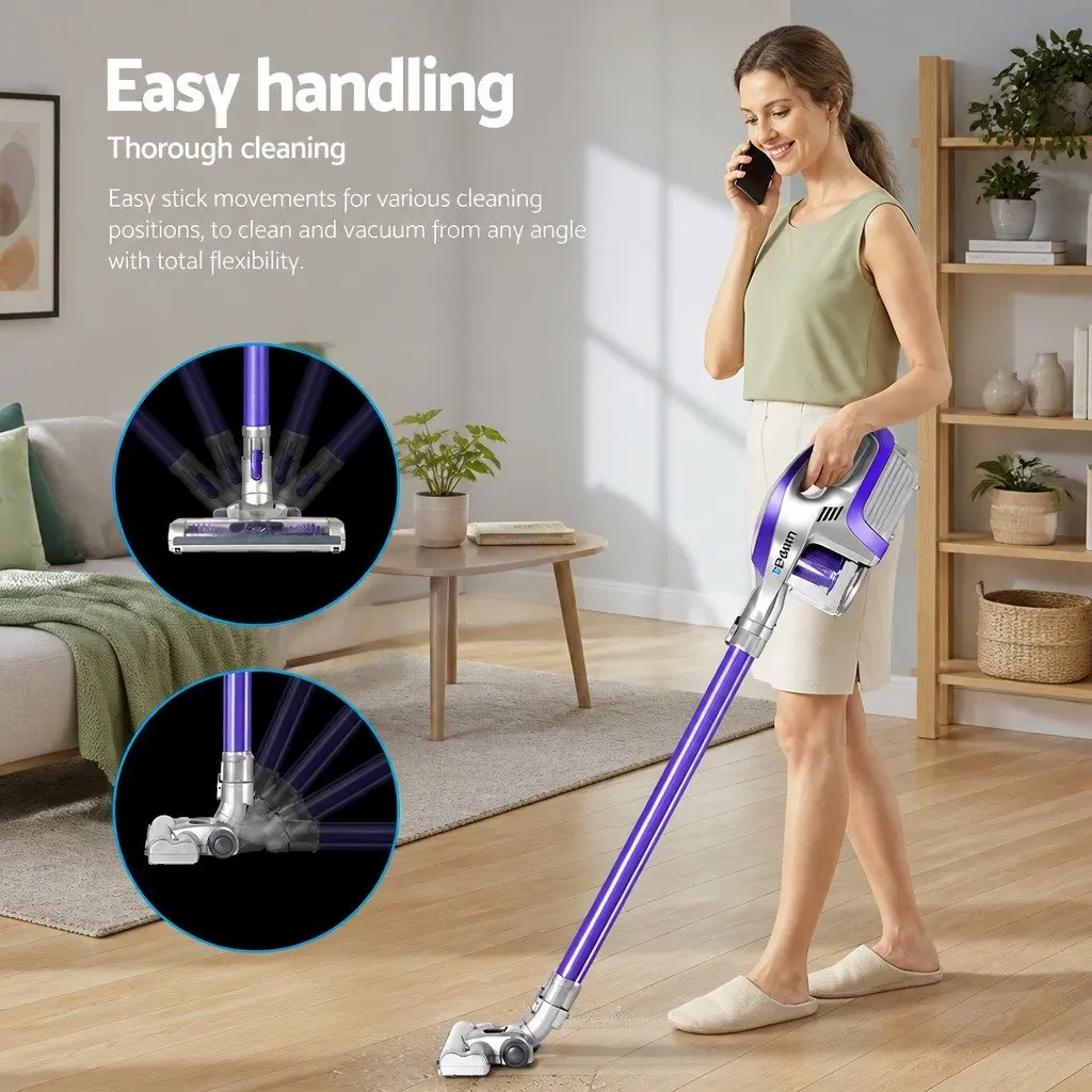 Stick Vacuum Cleaner Bagless Cordless Lightweight Purple Grey 150W 8000Pa Suction 160° Swivelling Head HEPA Filter
