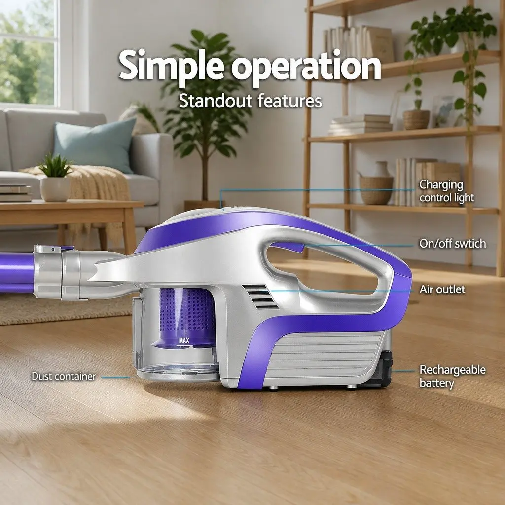 Stick Vacuum Cleaner Bagless Cordless Lightweight Purple Grey 150W 8000Pa Suction 160° Swivelling Head HEPA Filter