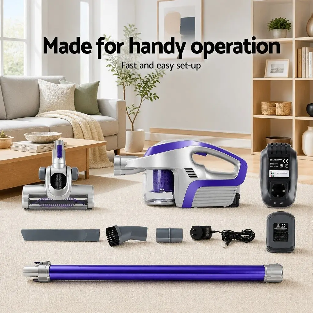 Stick Vacuum Cleaner Bagless Cordless Lightweight Purple Grey 150W 8000Pa Suction 160° Swivelling Head HEPA Filter