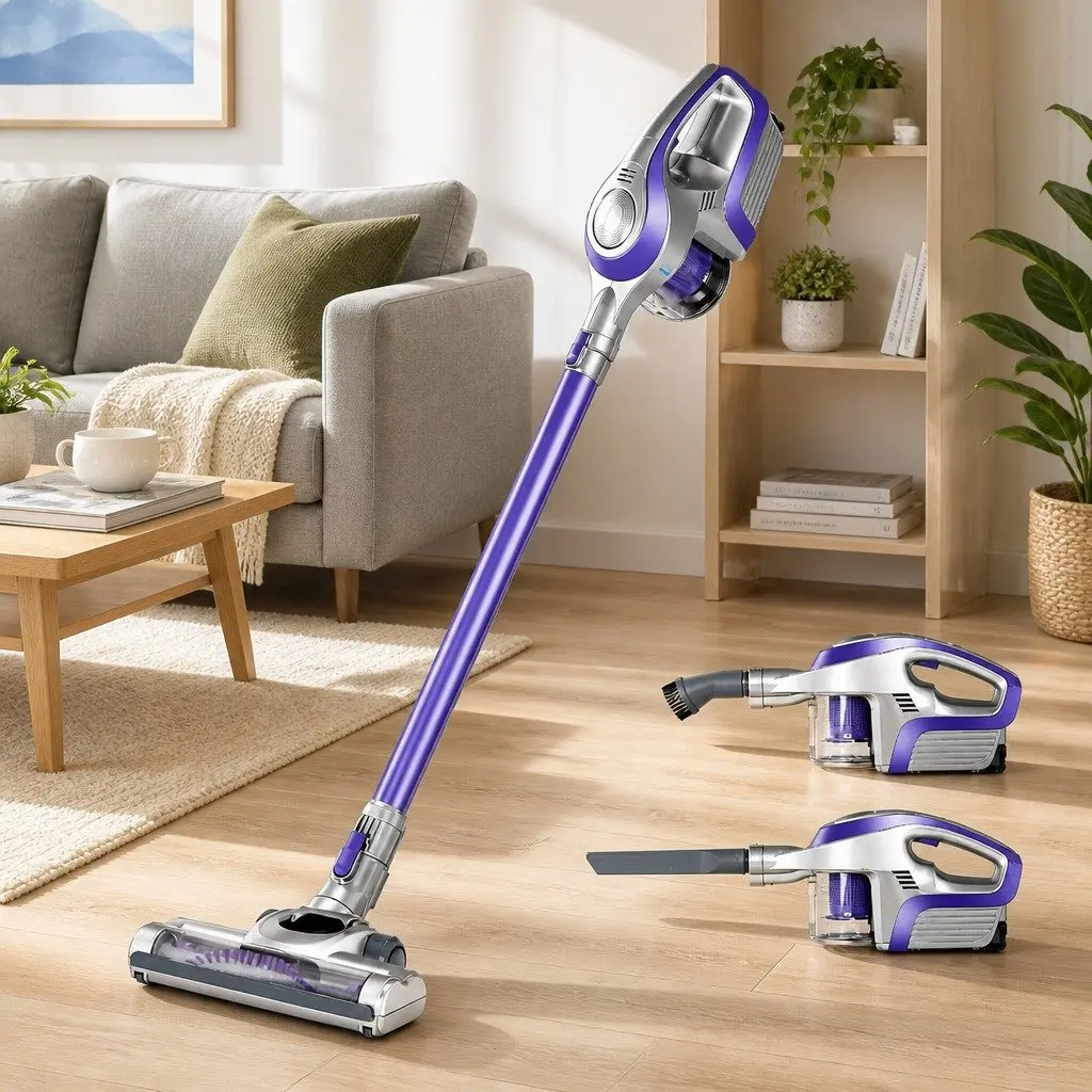 Stick Vacuum Cleaner Bagless Cordless Lightweight Purple Grey 150W 8000Pa Suction 160° Swivelling Head HEPA Filter