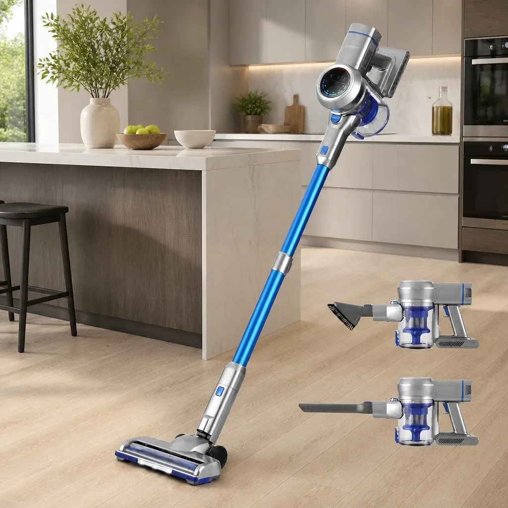 Cordless Stick Vacuum Cleaner Navy Blue 300W Brushless Motor LED Display Self-Standing