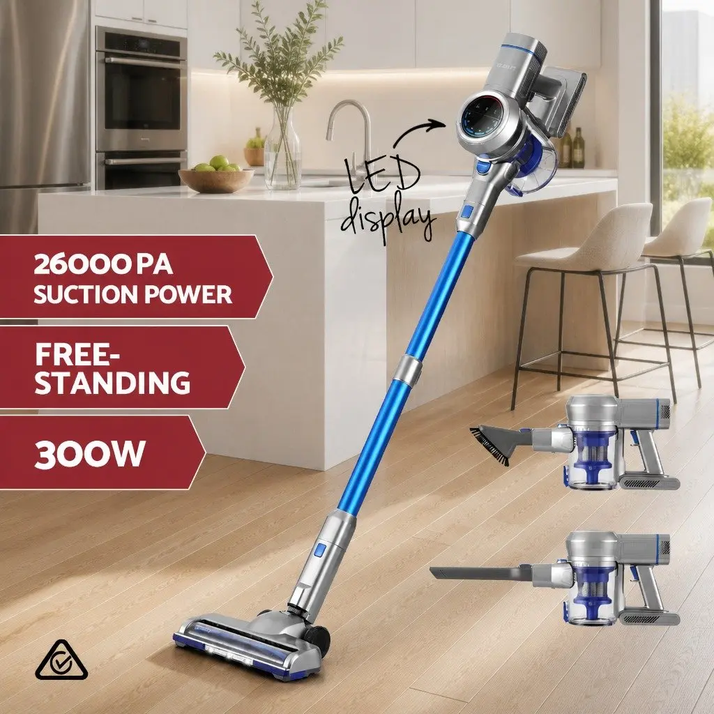 Cordless Stick Vacuum Cleaner Navy Blue 300W Brushless Motor LED Display Self-Standing