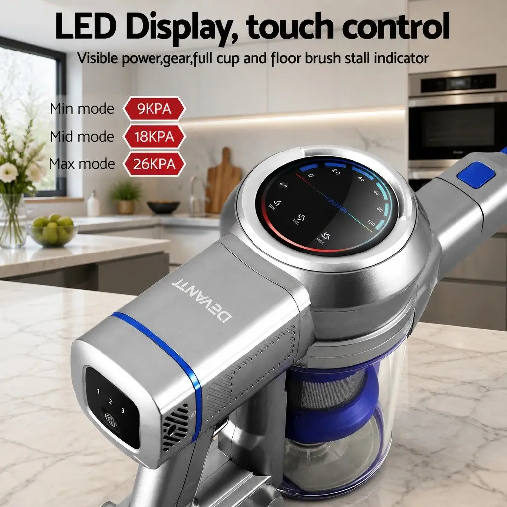 Cordless Stick Vacuum Cleaner Navy Blue 300W Brushless Motor LED Display Self-Standing