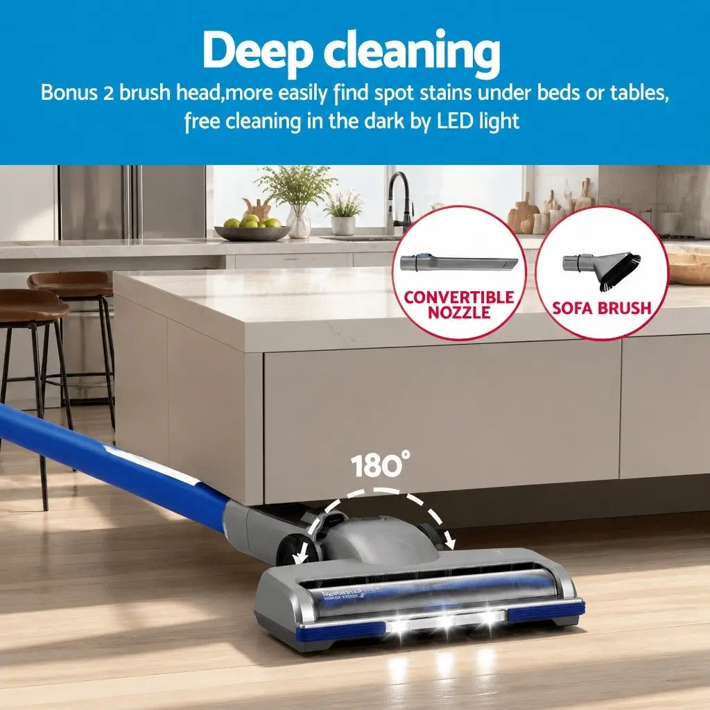 Cordless Stick Vacuum Cleaner Navy Blue 300W Brushless Motor LED Display Self-Standing