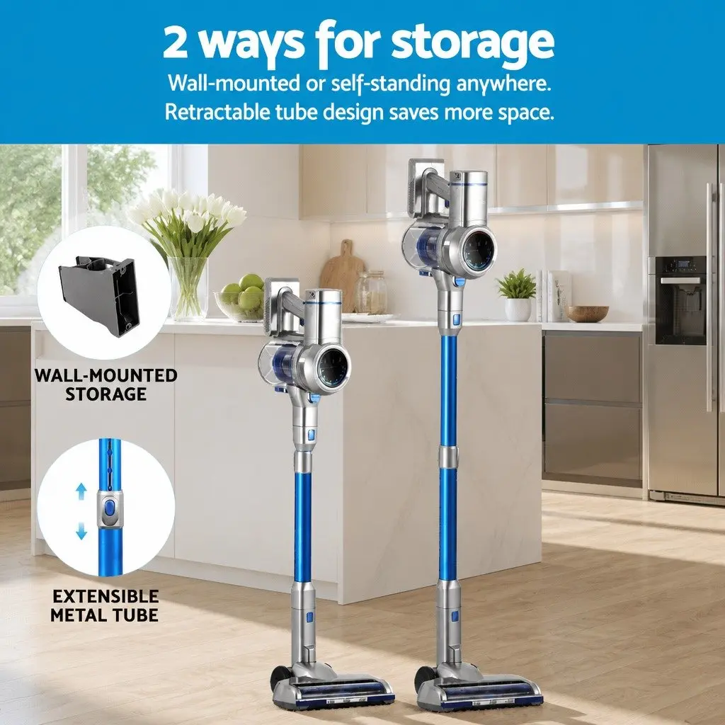 Cordless Stick Vacuum Cleaner Navy Blue 300W Brushless Motor LED Display Self-Standing