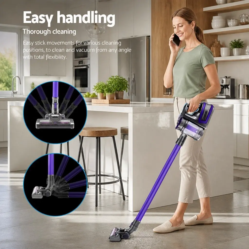 Stick Vacuum Cleaner Purple Lightweight Cordless Motorised Roller Brush 150W
