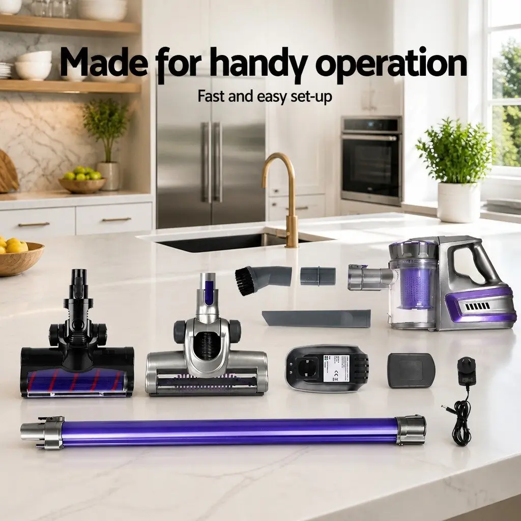 Stick Vacuum Cleaner Purple Lightweight Cordless Motorised Roller Brush 150W