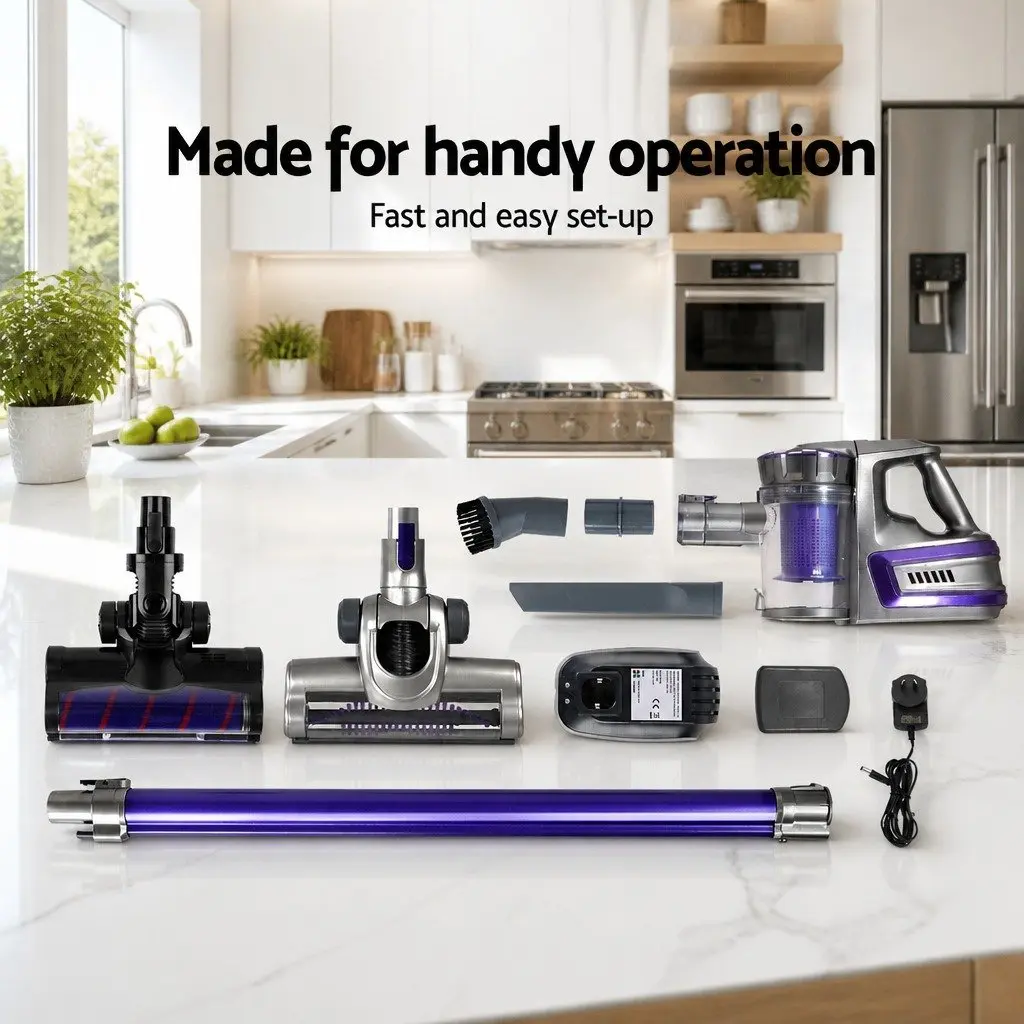 Stick Vacuum Cleaner Purple Lightweight Cordless Motorised Roller Brush 150W