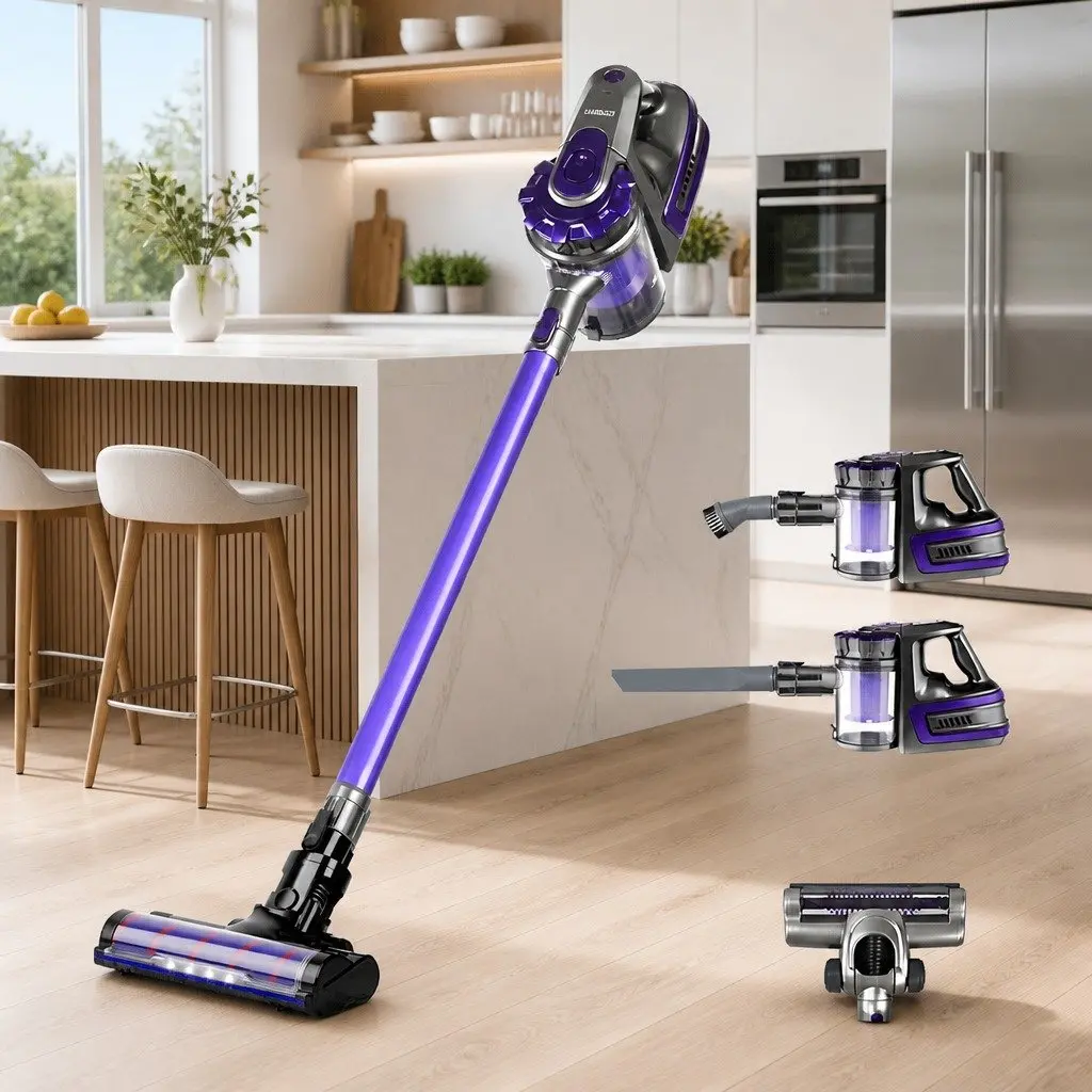 Stick Vacuum Cleaner Purple Lightweight Cordless Motorised Roller Brush 150W