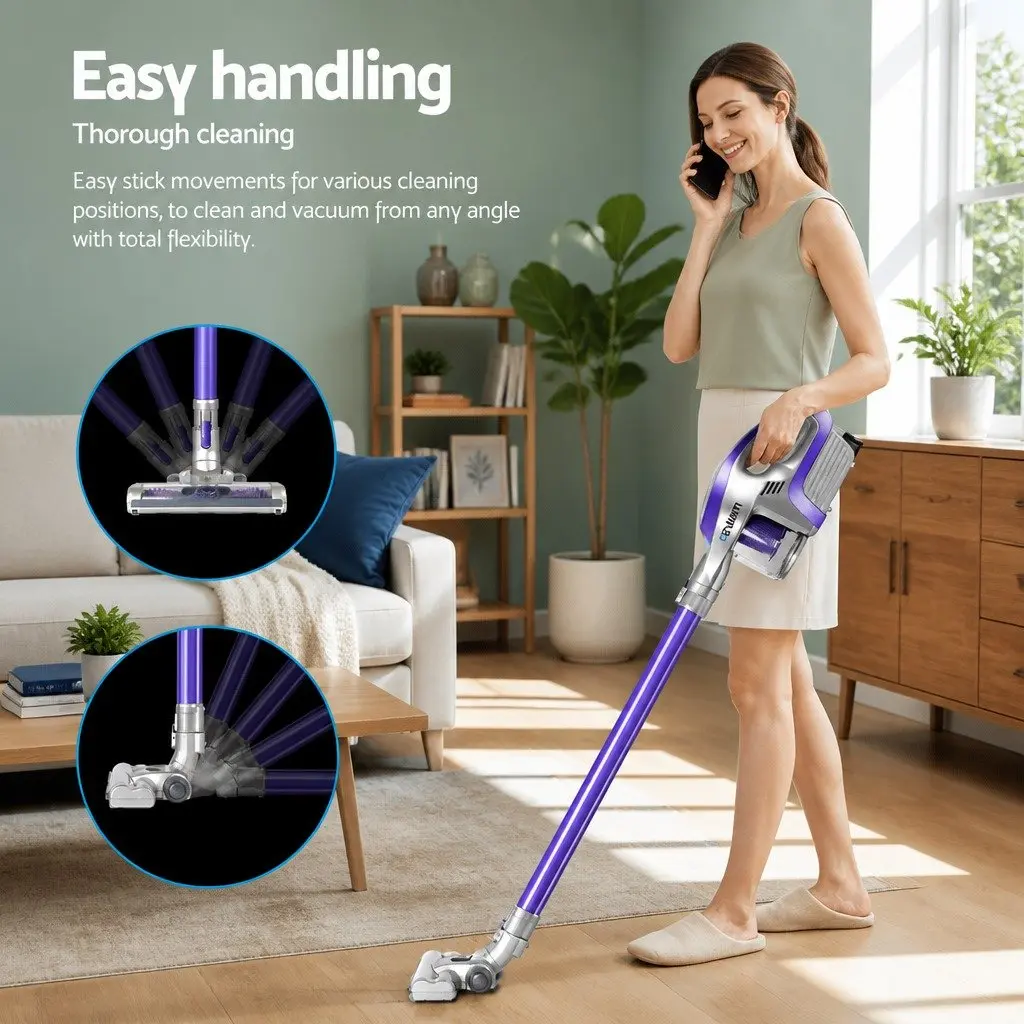 Cordless Stick Vacuum Cleaner Purple Grey Motorised Roller Head LED Light 150W