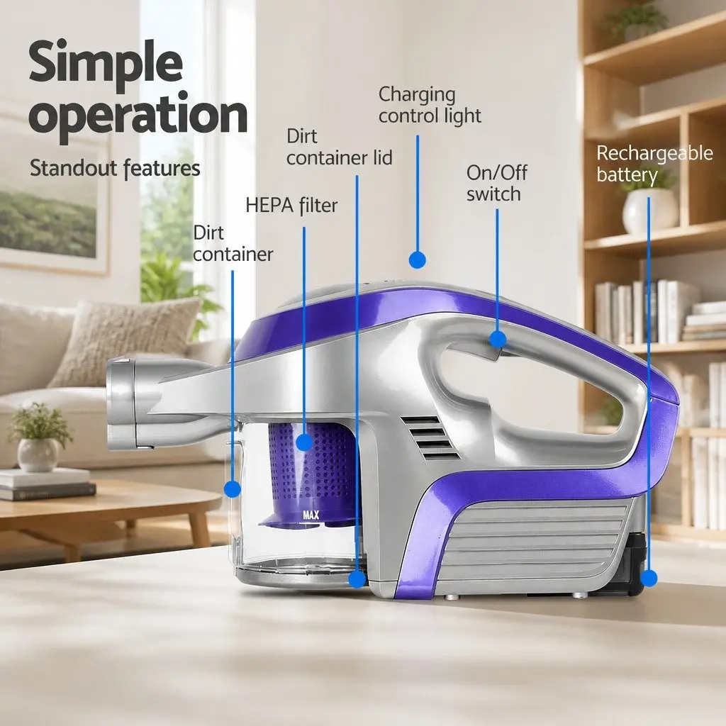 Cordless Stick Vacuum Cleaner Purple Grey Motorised Roller Head LED Light 150W