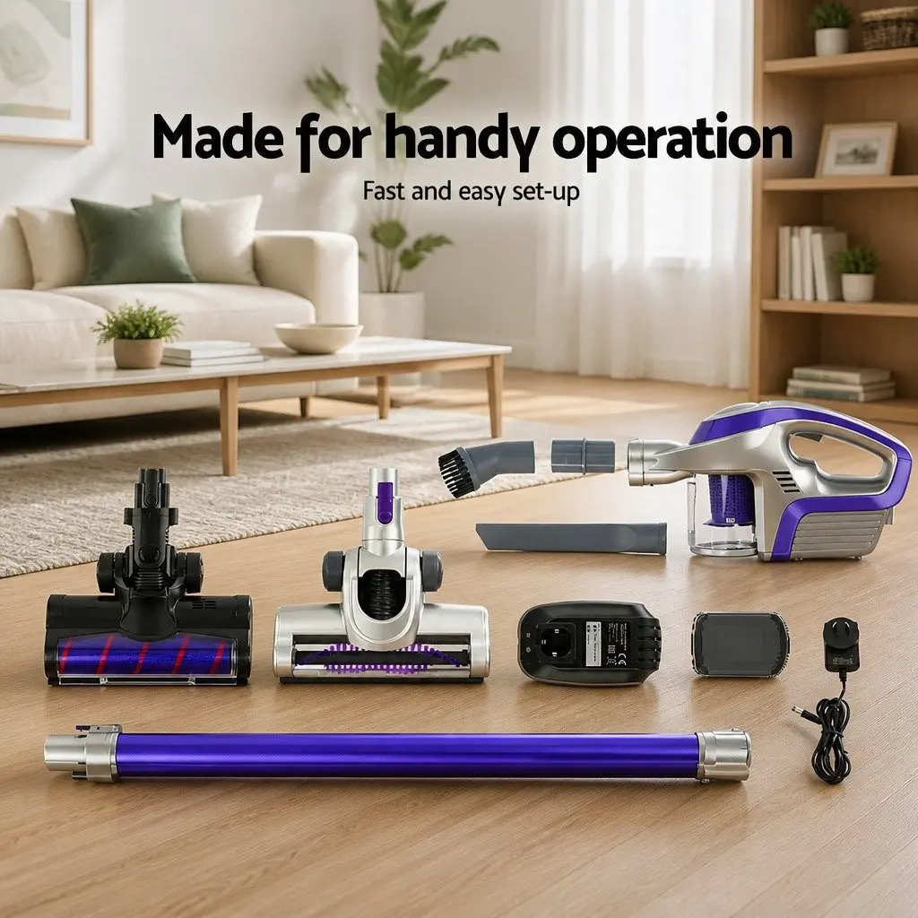 Cordless Stick Vacuum Cleaner Purple Grey Motorised Roller Head LED Light 150W
