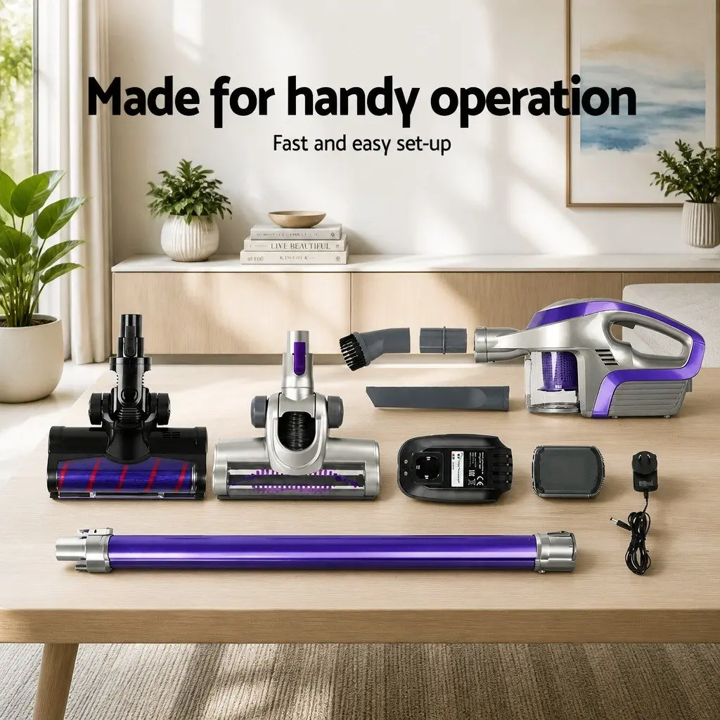 Cordless Stick Vacuum Cleaner Purple Grey Motorised Roller Head LED Light 150W