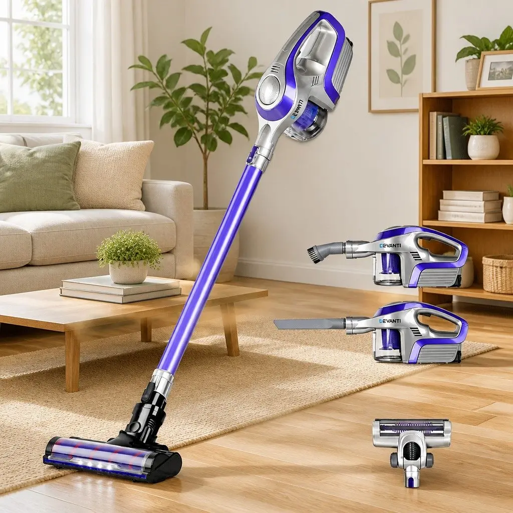 Cordless Stick Vacuum Cleaner Purple Grey Motorised Roller Head LED Light 150W