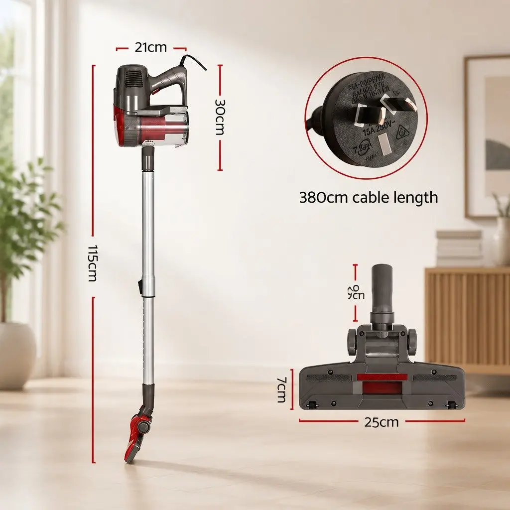 Stick Vacuum Cleaner Bagless Corded 500W Red Handheld Cleaning Powerful Suction